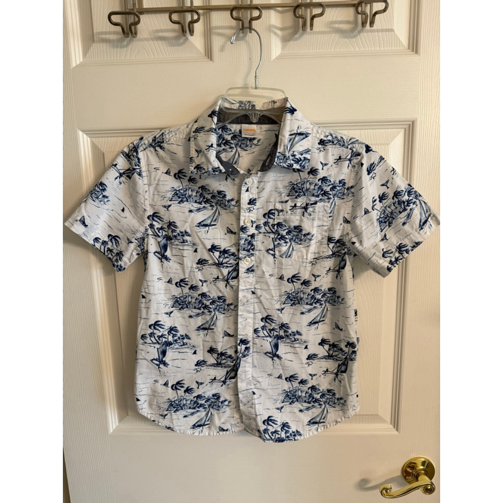 Gymboree boys' white blue tropical print button-down shirt SZ L 10/12
